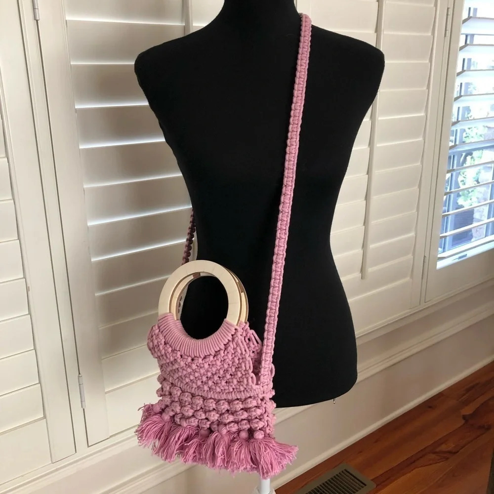 Cleobella Monaco Anthro Cotton Woven Macrame Fringe Bag Purse Crossbody Flawed